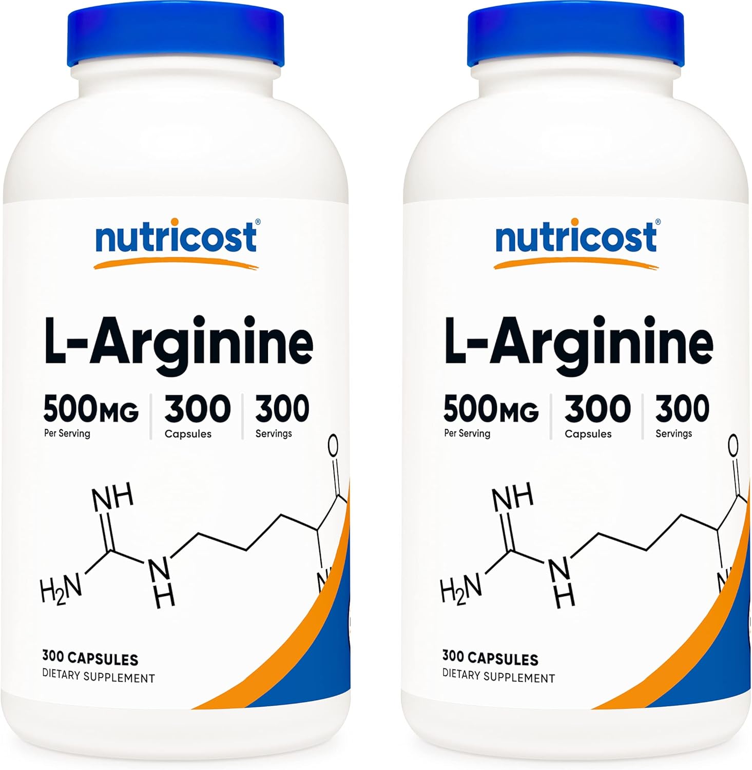 2 Bottles of Nutricost L-Arginine 500mg, 300 Capsules - Dietary Supplement for Muscle Support and Performance Boost