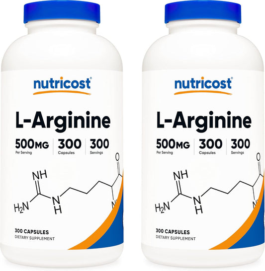 2 Bottles of Nutricost L-Arginine 500mg, 300 Capsules - Dietary Supplement for Muscle Support and Performance Boost