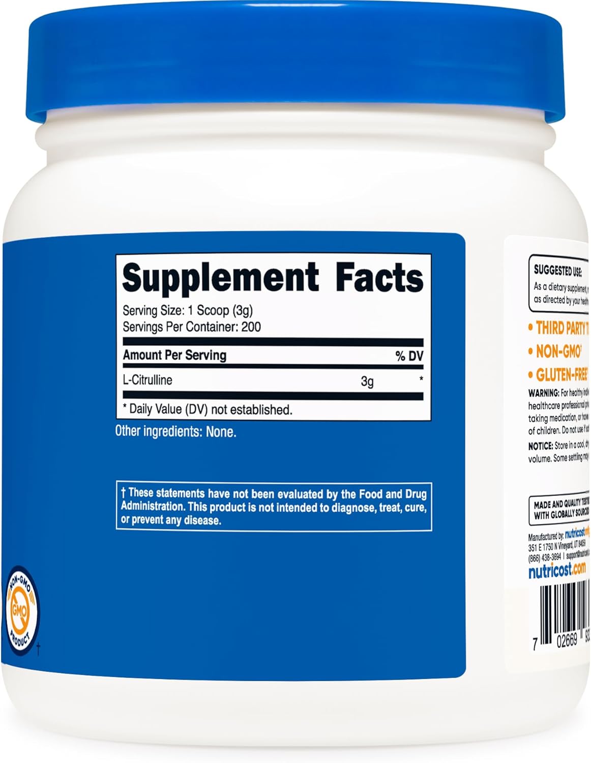 2 Bottles of Nutricost Pure L-Citrulline Base Powder - 600 Grams Each
