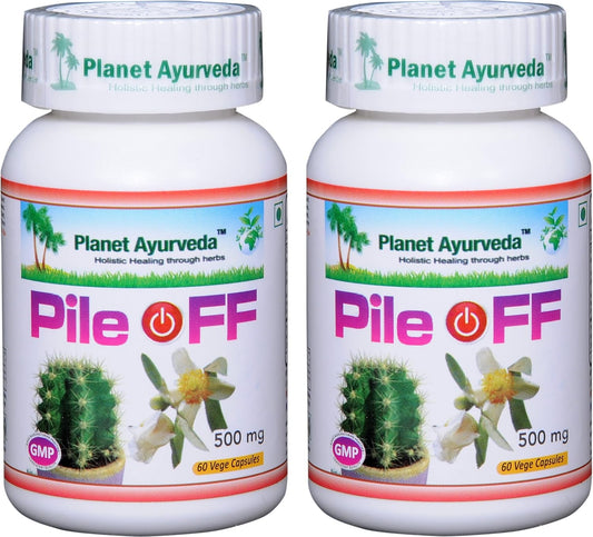 2 Bottles of Planet Ayurveda Pile Off 500mg Veg Capsules - Natural Hemorrhoid Relief