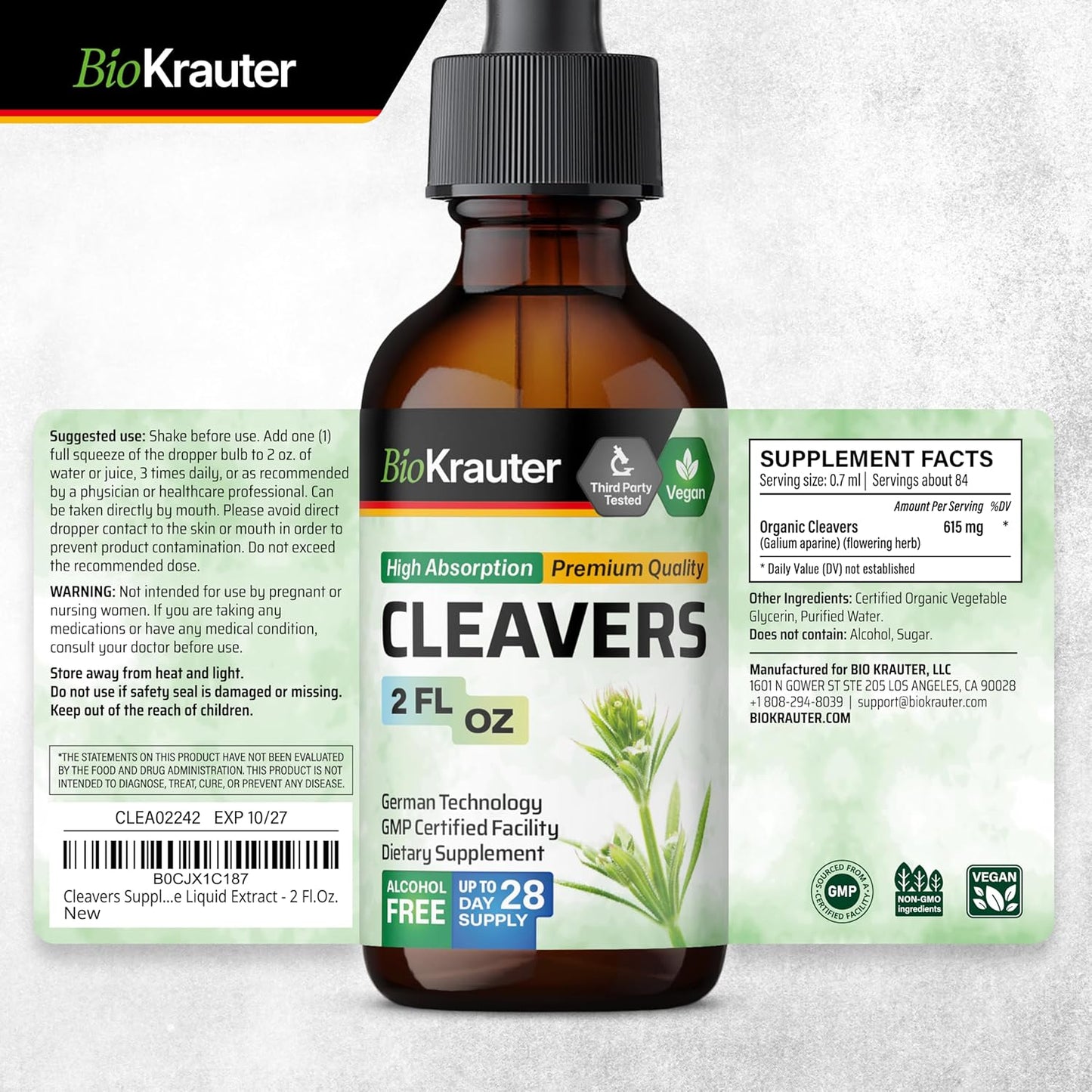 2 Fl. Oz. BIO KRAUTER Stinging Nettle and Cleavers Tincture Set