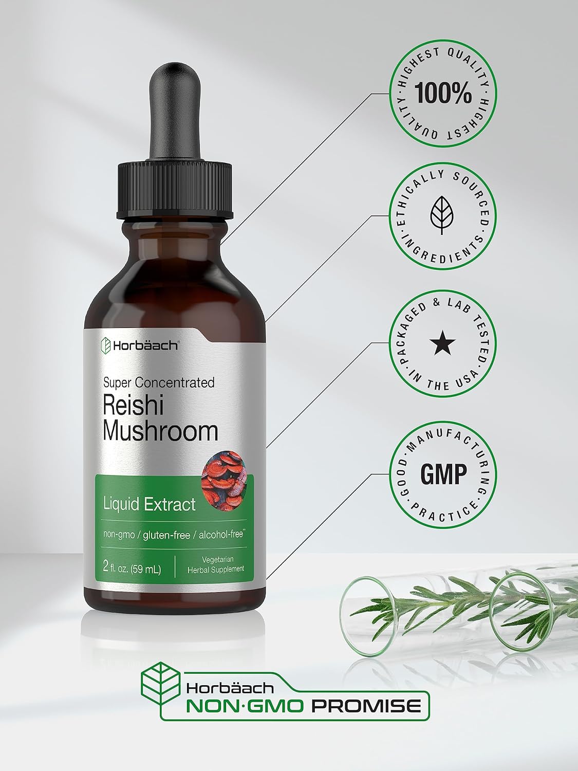 2 fl oz Horbäach Reishi Mushroom Liquid Extract Tincture - Vegetarian, Non-GMO, Gluten Free