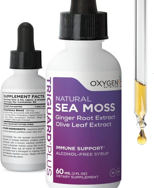 2 fl oz Oxygen Nutrition TriGuard Plus Sea Moss Liquid Tincture with Irish Sea Moss, Olive Leaf, & Ginger Root Extract for Thyroid, Digestion, Immune Support, & Energy - Alcohol-Free, Non-GMO - Made in USA