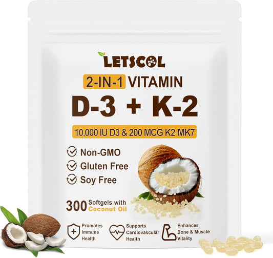 2-in-1 Vitamin D3 K2 Softgel Supplement - 10000 IU D3, 200 mcg K2 MK7 - Immune, Heart, Joint, Teeth, Bone Health Support