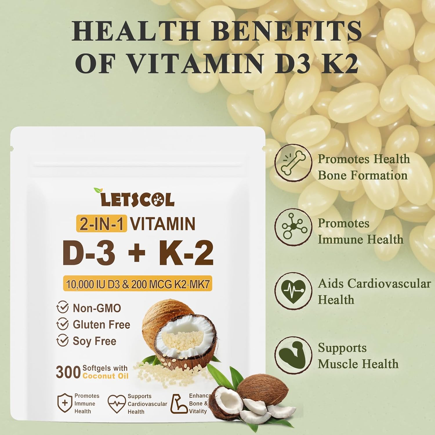 2-in-1 Vitamin D3 K2 Softgel Supplement - 10000 IU D3, 200 mcg K2 MK7 - Immune, Heart, Joint, Teeth, Bone Health Support