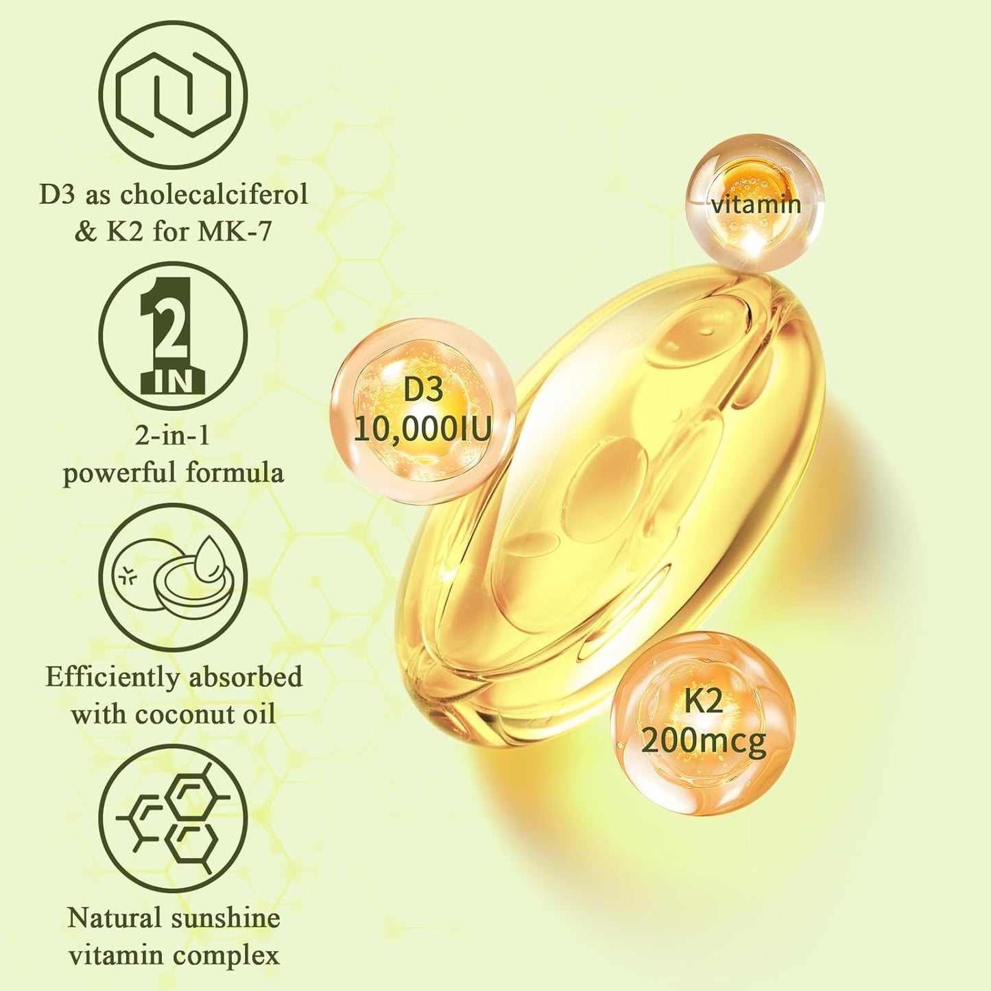 2-in-1 Vitamin D3 K2 Softgel Supplement - 10000 IU D3, 200 mcg K2 MK7 - Immune, Heart, Joint, Teeth, Bone Health Support