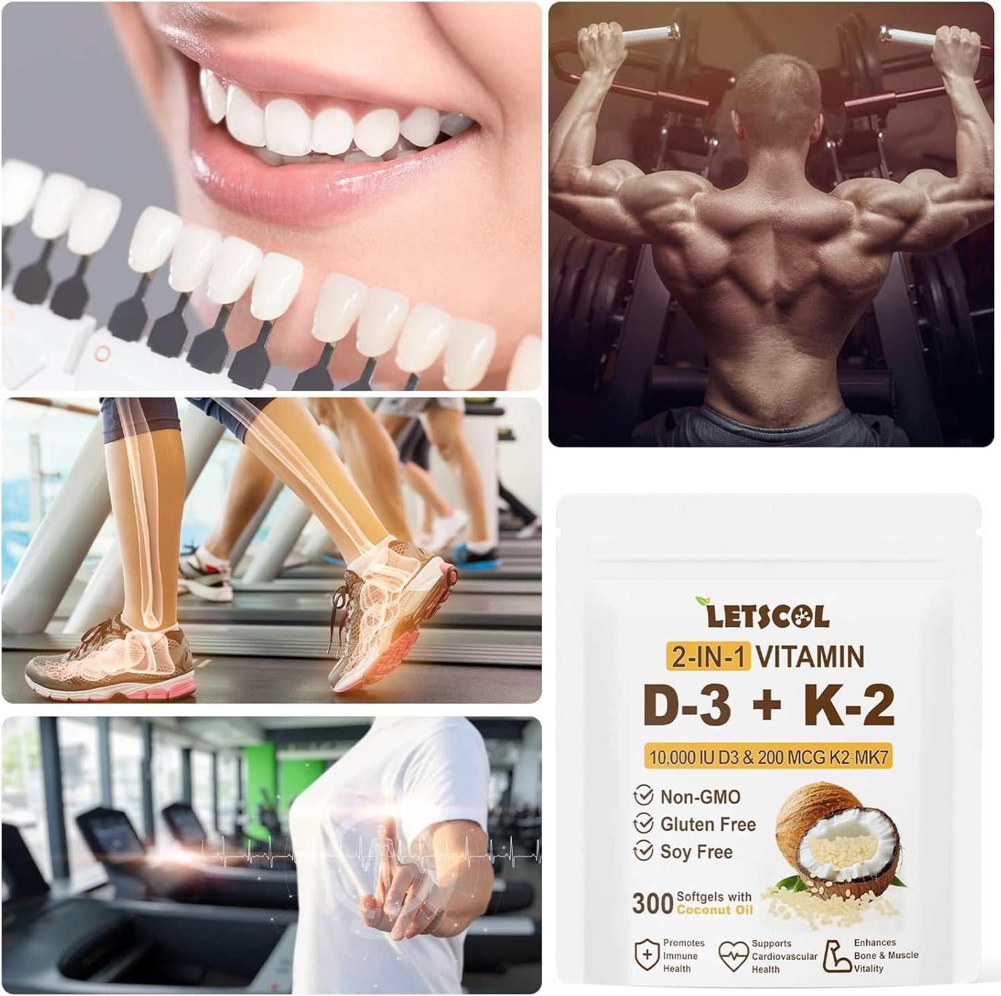 2-in-1 Vitamin D3 K2 Softgel Supplement - 10000 IU D3, 200 mcg K2 MK7 - Immune, Heart, Joint, Teeth, Bone Health Support