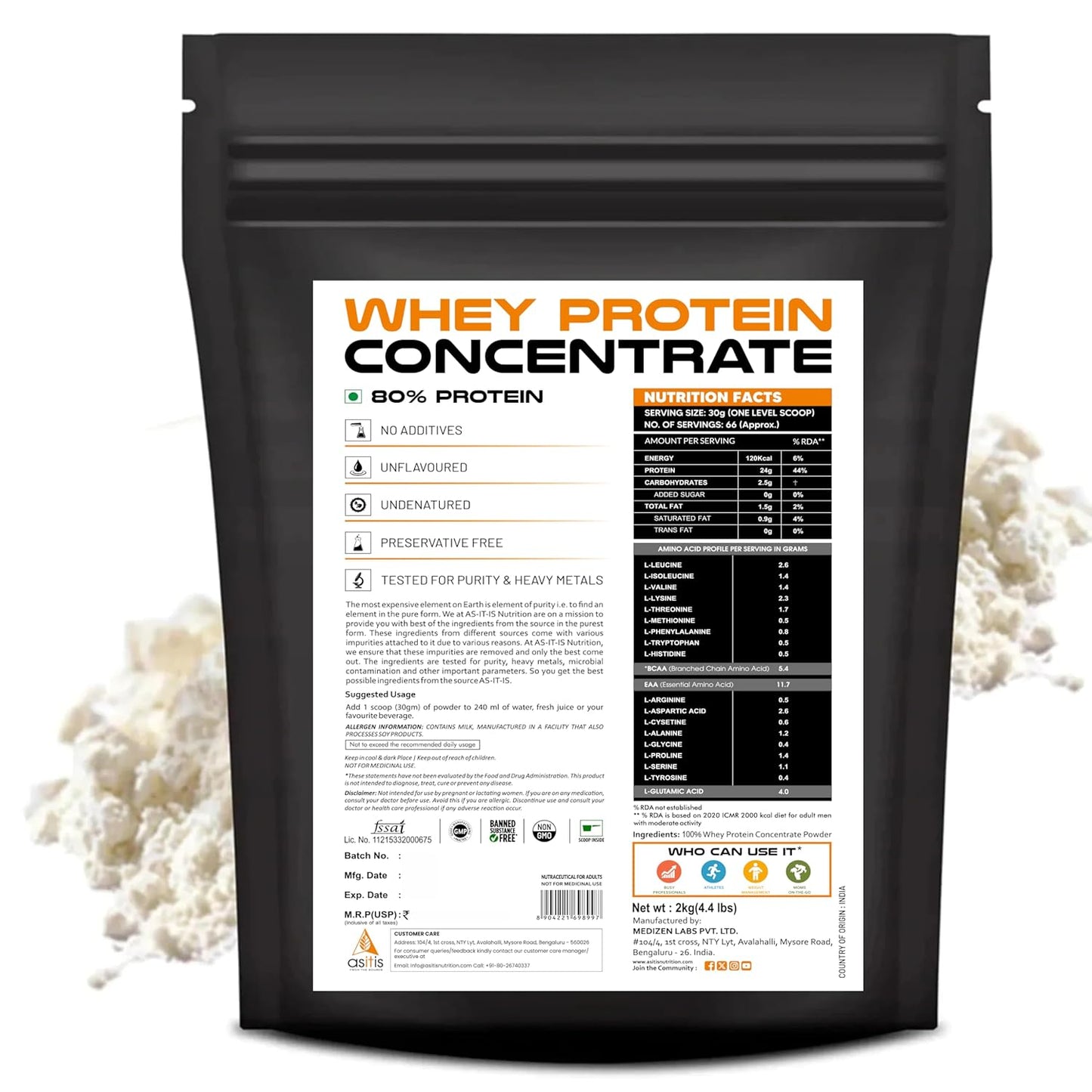 2 Kg Asitis Nutrition Whey Protein Concentrate - Natural Raw Form for Recovery & Muscle Loss - Unsweetened & Unflavoured - No Preservatives