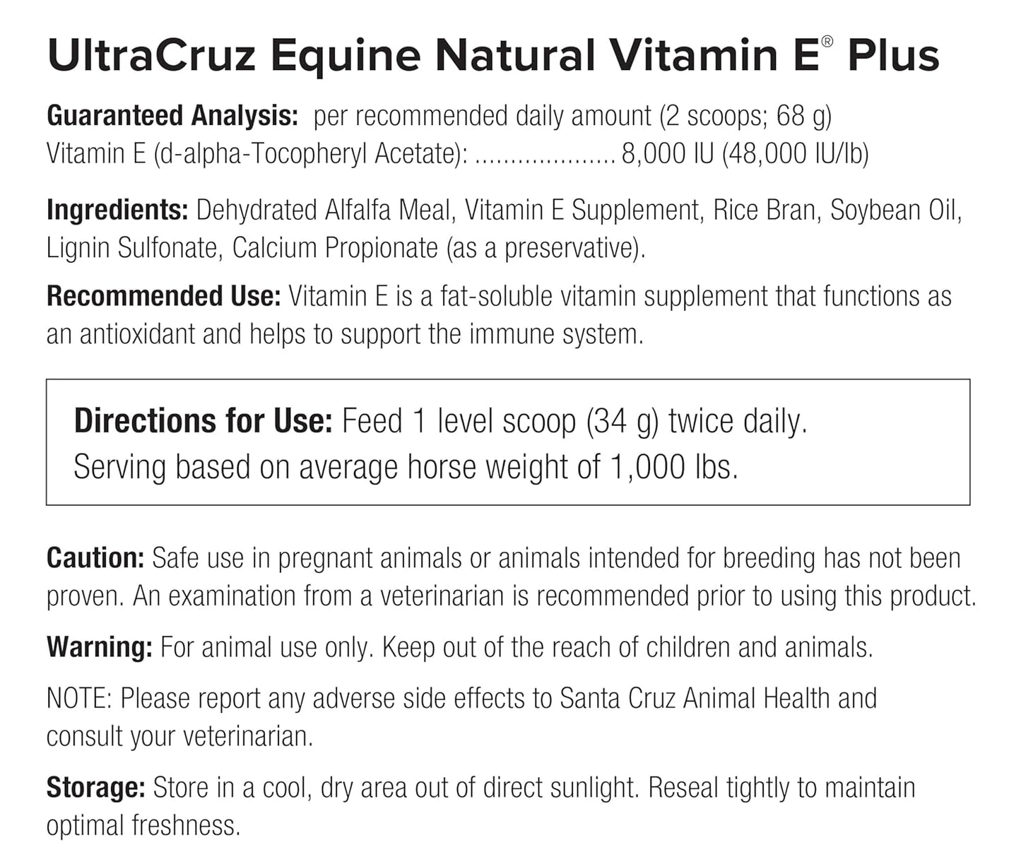 2 lb Pellet UltraCruz Equine Natural Vitamin E Plus Supplement for Horses - 13 Day Supply