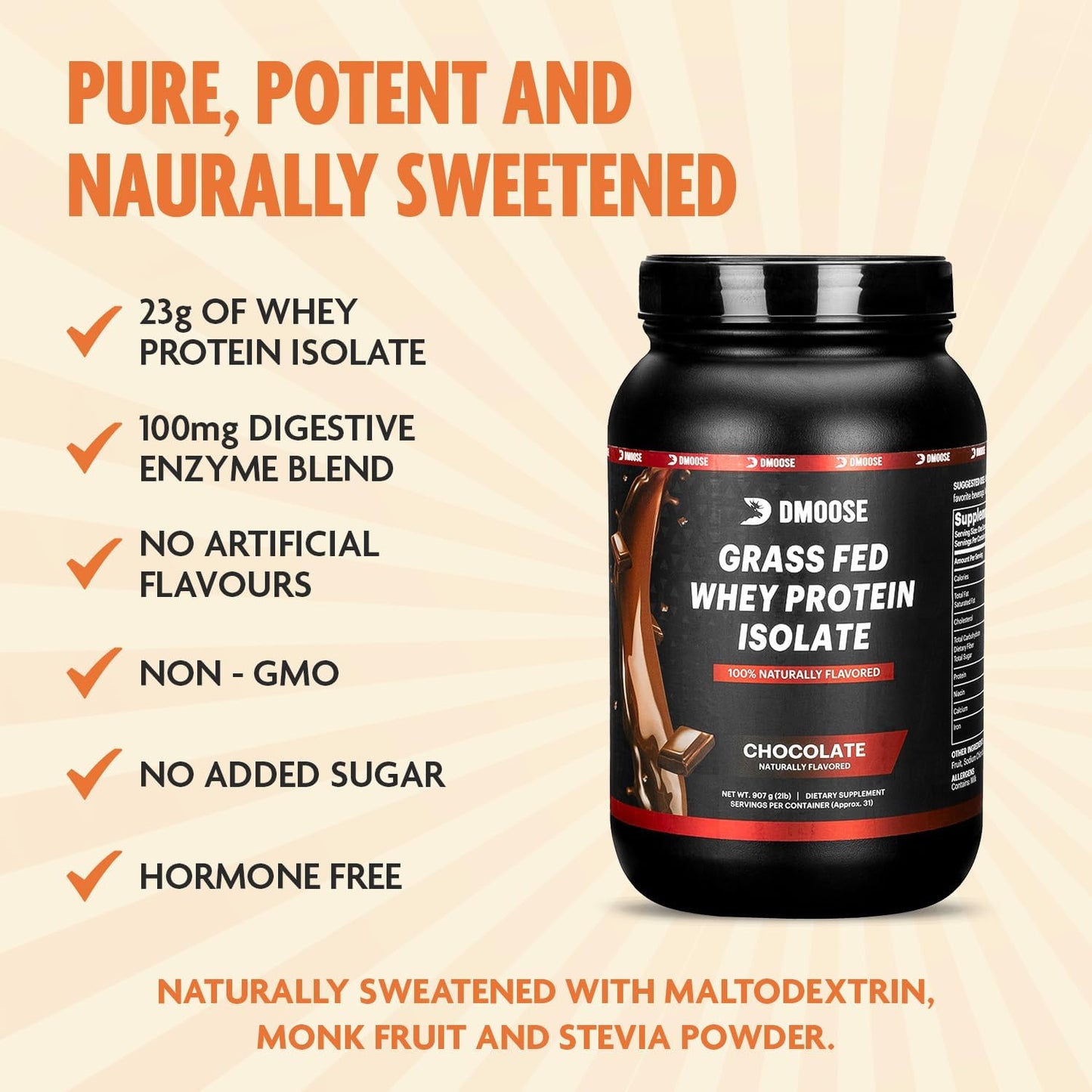 2 Lbs Chocolate Grass Fed Whey Protein Powder for Muscle Growth & Recovery - Naturally Sweetened, Rich in Amino Acids, Fast Absorbing Formula by DMoose