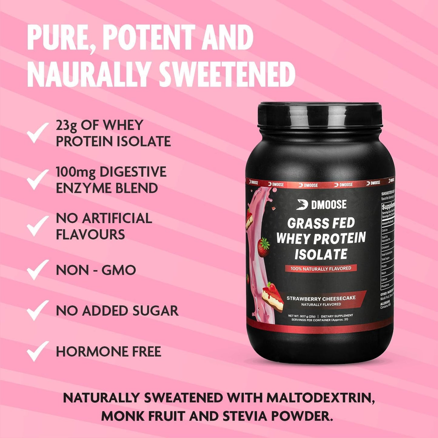 2 Lbs DMoose Grass Fed Wheimal Growth & Recovery, Naturally Sweetened & Flavored, Amino Acids, Fast Absorbing - Strawberry Flavor