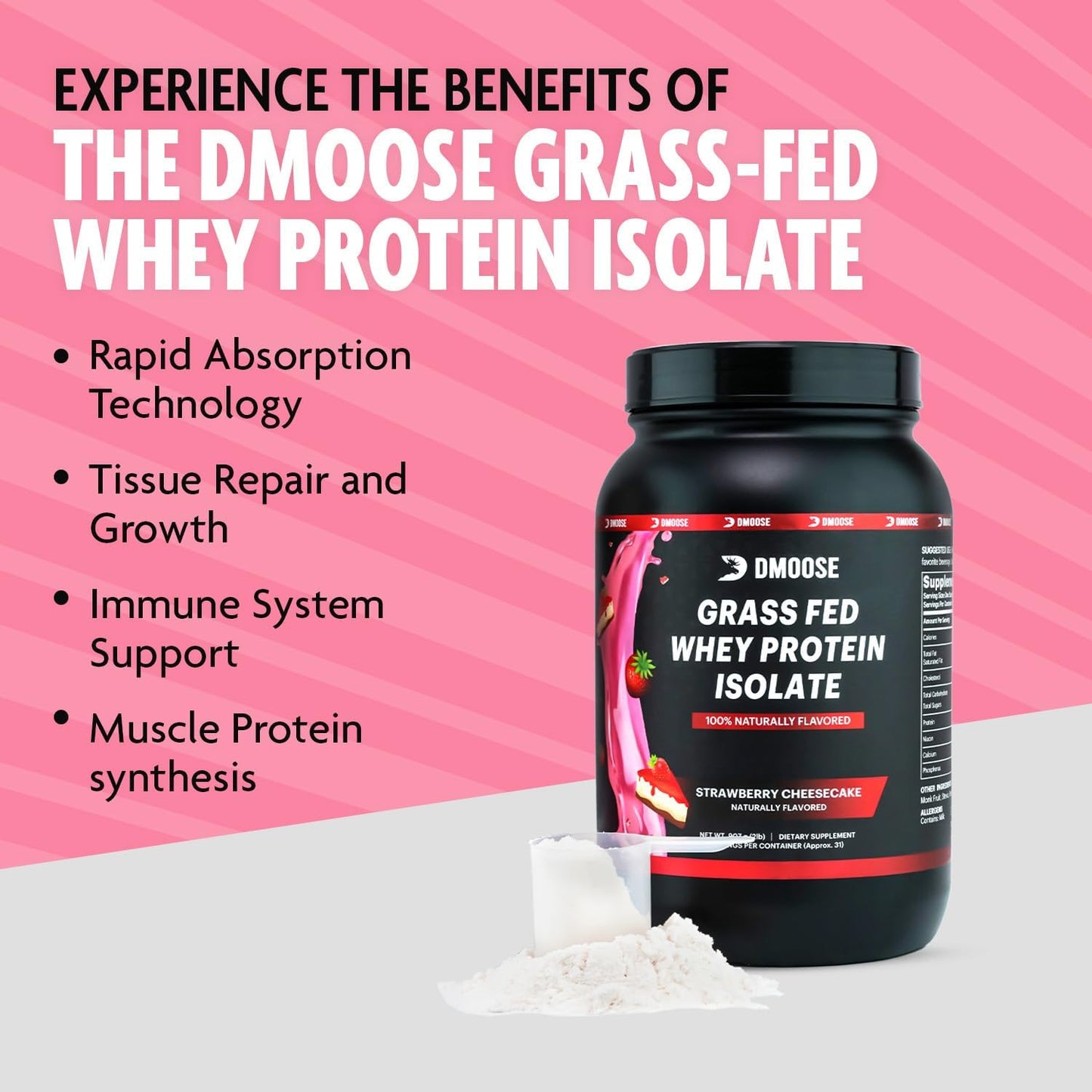 2 Lbs DMoose Grass Fed Wheimal Growth & Recovery, Naturally Sweetened & Flavored, Amino Acids, Fast Absorbing - Strawberry Flavor