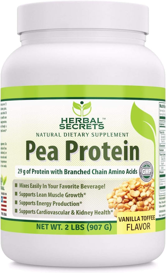 2 lbs Herbal Secrets Pea Protein Powder in Vanilla Toffee Flavor - Non-GMO for Energy, Muscle Growth, Heart & Kidney Support