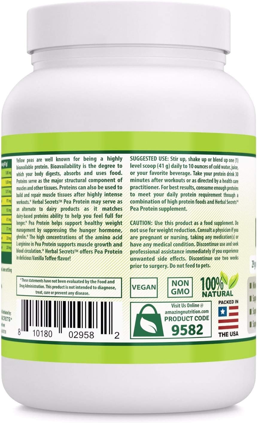 2 lbs Herbal Secrets Pea Protein Powder in Vanilla Toffee Flavor - Non-GMO for Energy, Muscle Growth, Heart & Kidney Support
