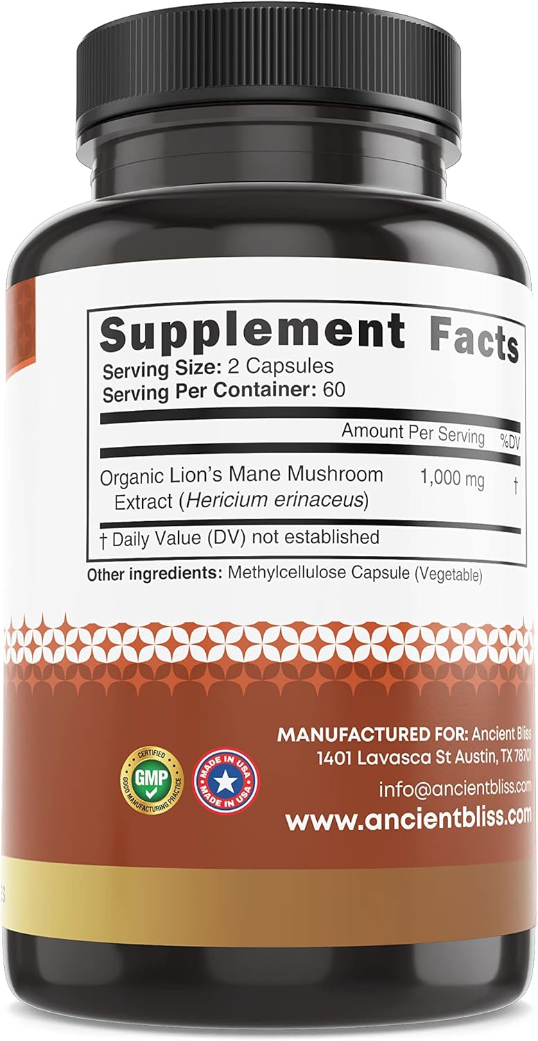 2 Month Supply of Ancient Bliss Lion's Mane Supplement - 120 Vegan Mushroom Capsules for Mental Clarity, Energy, Focus, Memory, and Immune Support