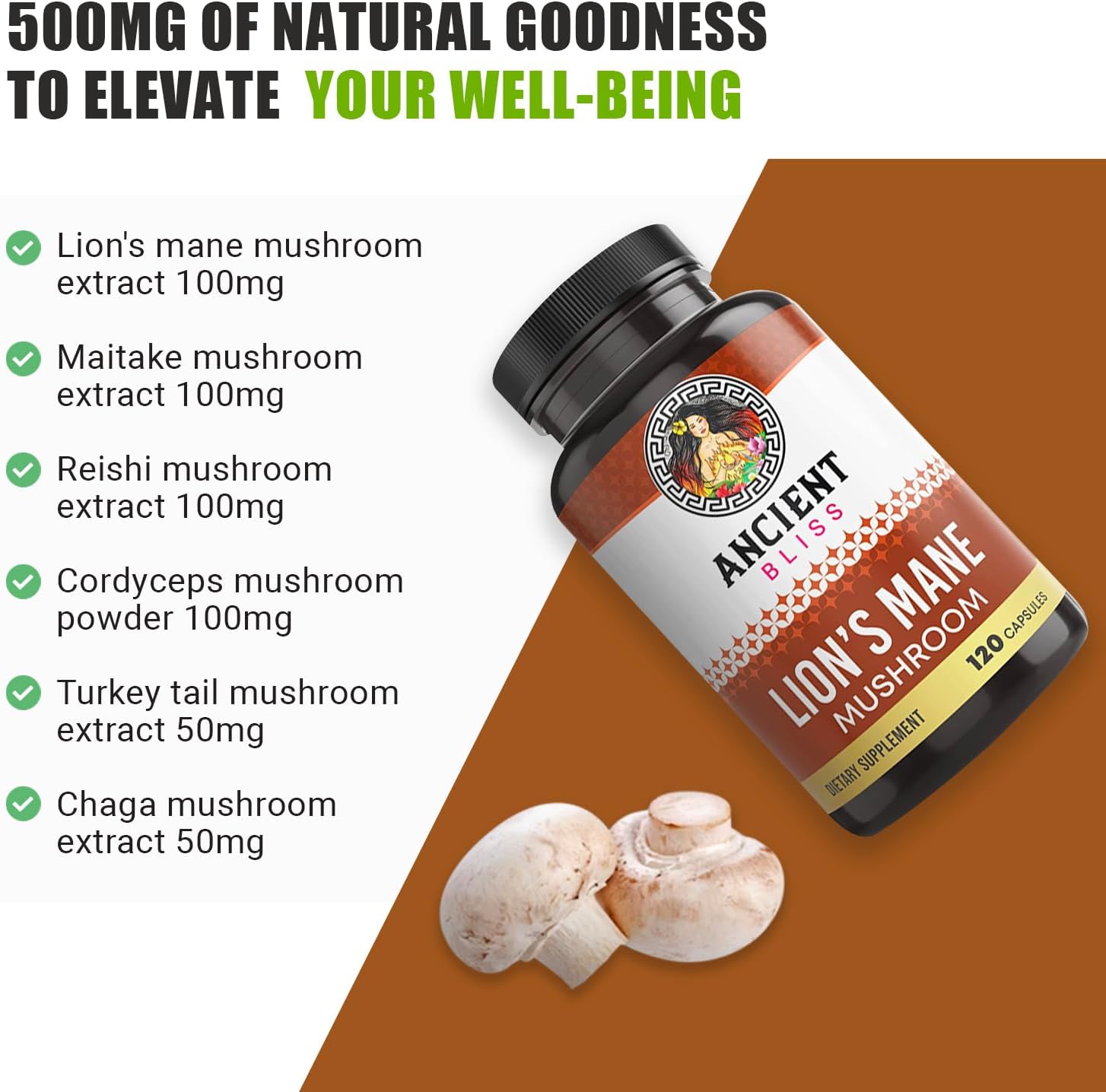 2 Month Supply of Ancient Bliss Lion's Mane Supplement - 120 Vegan Mushroom Capsules for Mental Clarity, Energy, Focus, Memory, and Immune Support