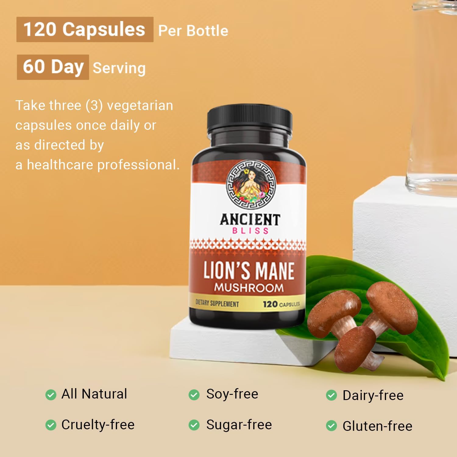2 Month Supply of Ancient Bliss Lion's Mane Supplement - 120 Vegan Mushroom Capsules for Mental Clarity, Energy, Focus, Memory, and Immune Support