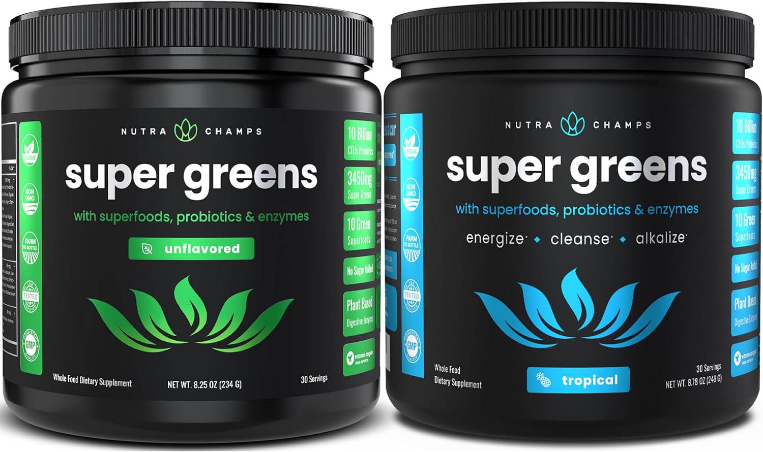 2 Month Supply of NutraChamps Super Greens in Unflavored and Tropical Flavors
