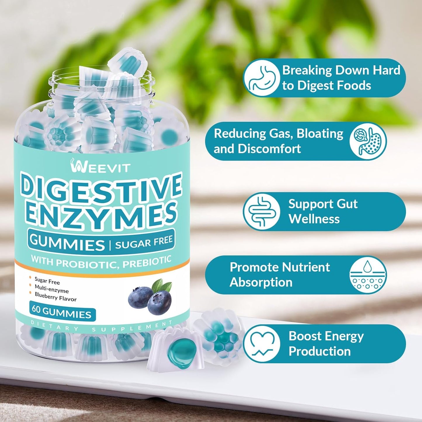 2-Month Supply of WEEVIT Digestive Enzymes Gummies with Probiotics & Prebiotics - Vegan Blueberry Flavored Chewables for Men & Women - Sugar-Free