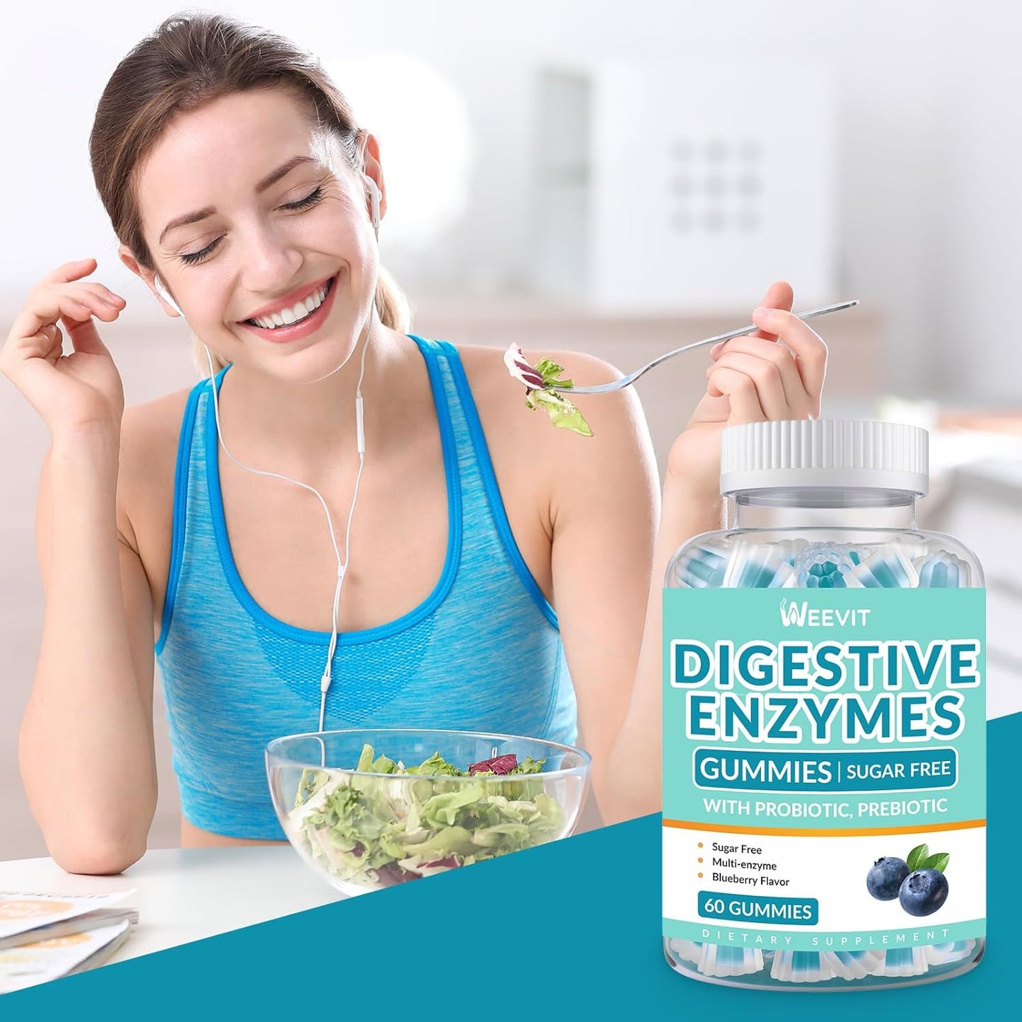 2-Month Supply of WEEVIT Digestive Enzymes Gummies with Probiotics & Prebiotics - Vegan Blueberry Flavored Chewables for Men & Women - Sugar-Free