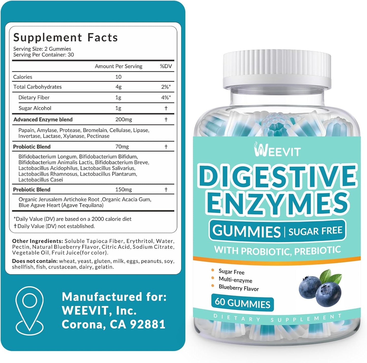 2-Month Supply of WEEVIT Digestive Enzymes Gummies with Probiotics & Prebiotics - Vegan Blueberry Flavored Chewables for Men & Women - Sugar-Free