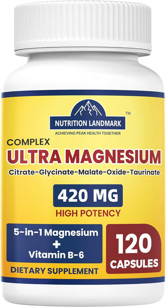 2-Month Supply of YOYKYE Magnesium Complex with Vitamin B6 - 420mg 5-in-1 Magnesium Blend for Calm, Sleep, and Leg Cramps - High Absorption Formula
