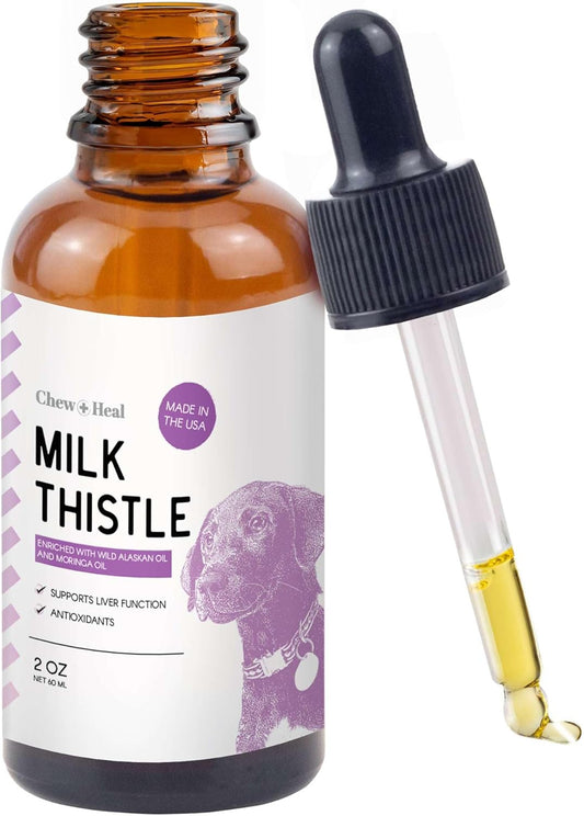 2 oz Liquid Milk Thistle Supplement with Wild Alaskan Salmon Oil for Dogs Liver and Kidney Support by Chew + Heal Labs - Made in USA