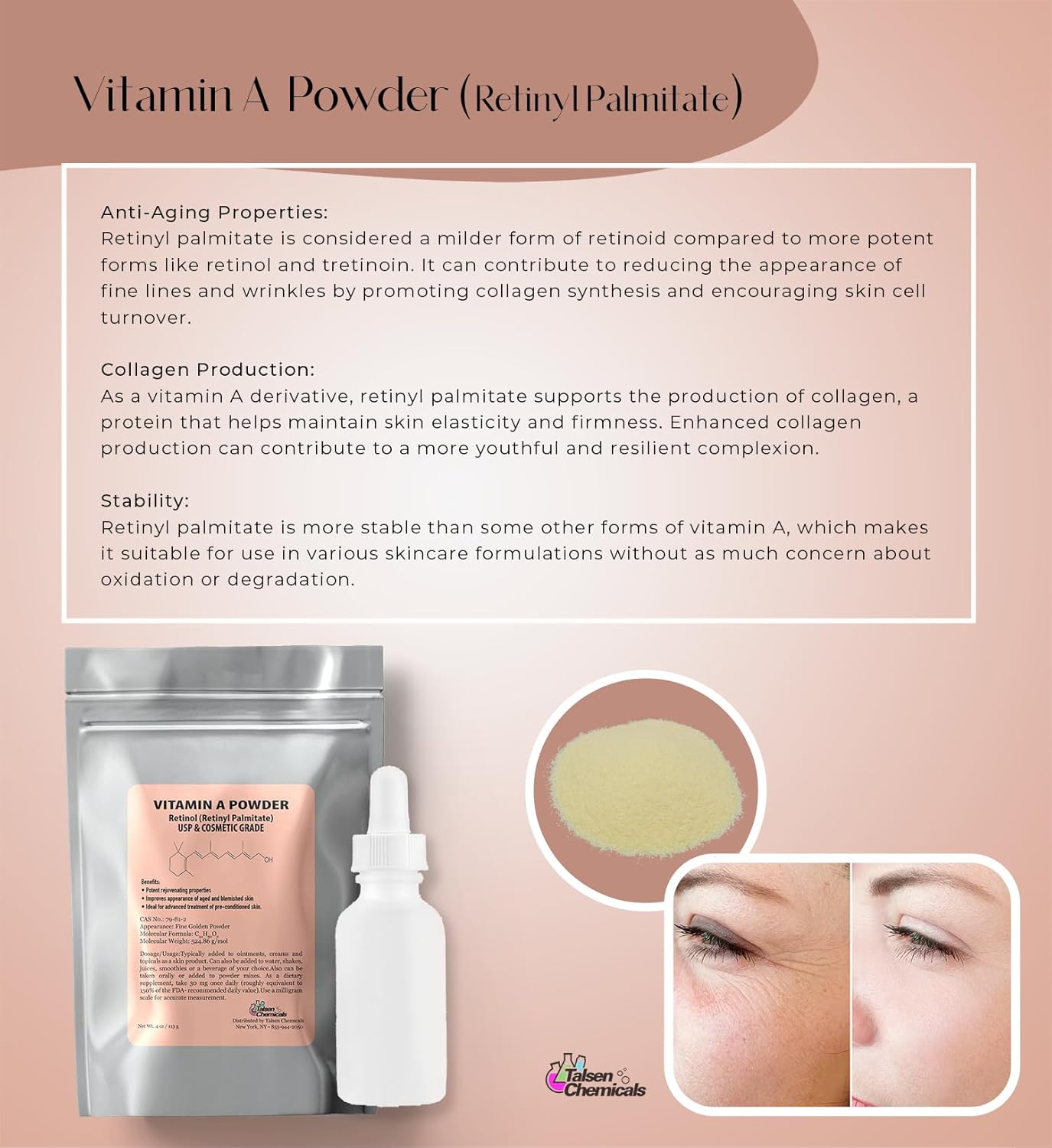 2 oz. Talsen Chemicals Vitamin A Powder - Water Soluble Retinol Palmitate - USP & Cosmetic Grade - 56g