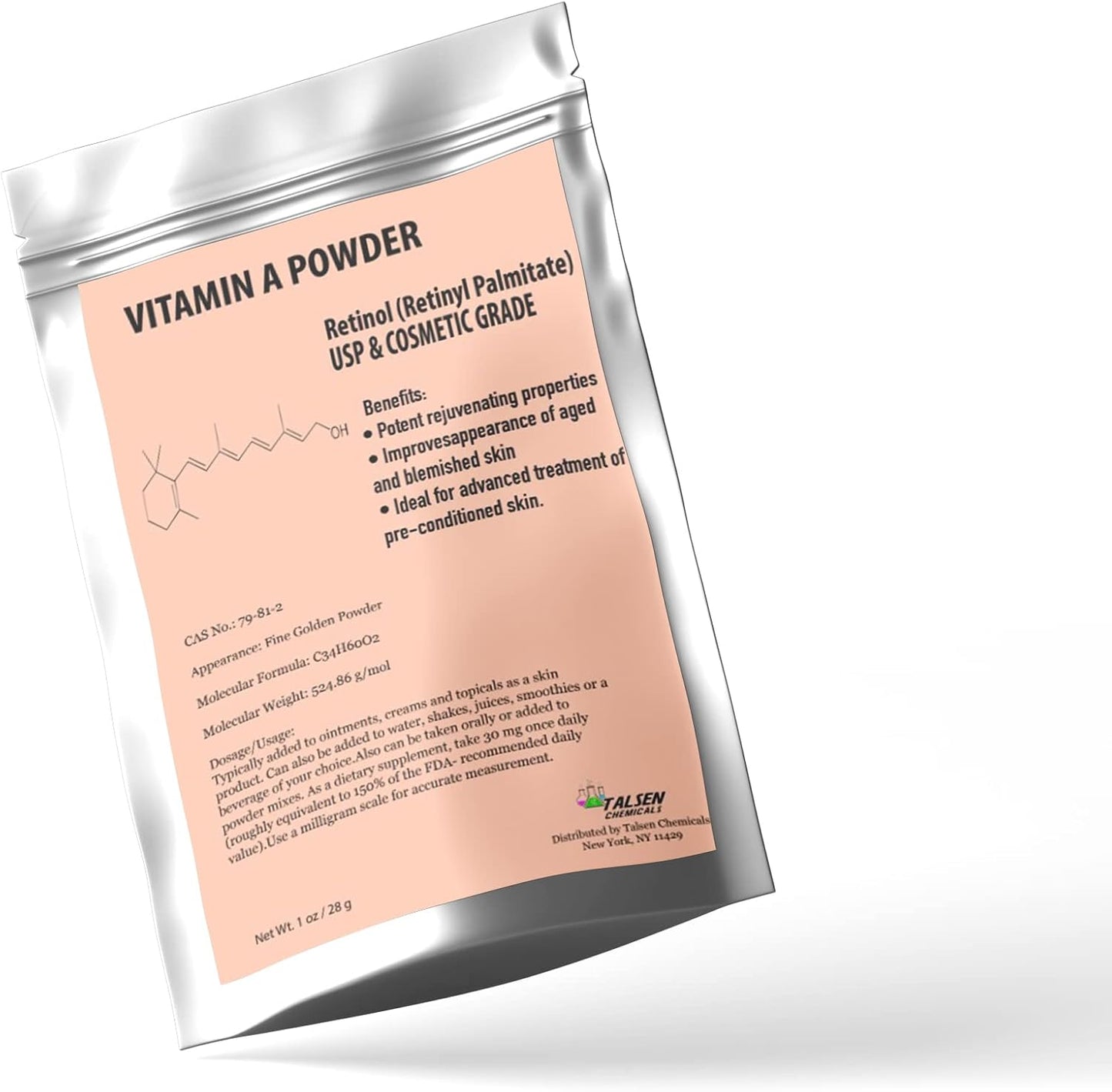 2 oz. Talsen Chemicals Vitamin A Powder - Water Soluble Retinol Palmitate - USP & Cosmetic Grade - 56g
