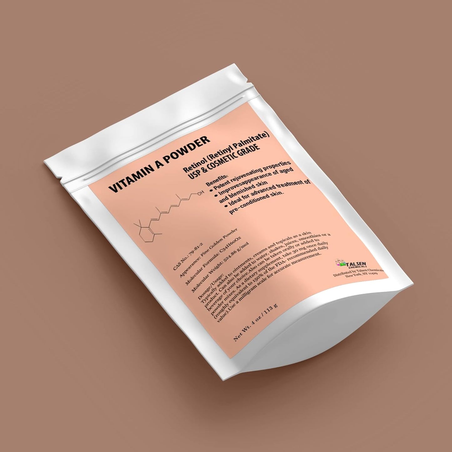 2 oz. Talsen Chemicals Vitamin A Powder - Water Soluble Retinol Palmitate - USP & Cosmetic Grade - 56g