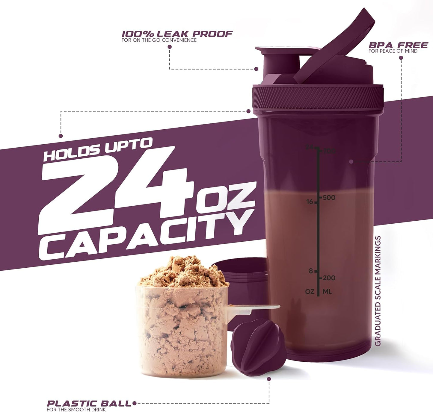 2 Pack 24 oz Plastic Shaker Bottles with Twist & Lock Protein Box - Ideal for Protein Shakes and Cocktails Before & After Workouts - Clear/Plum Color