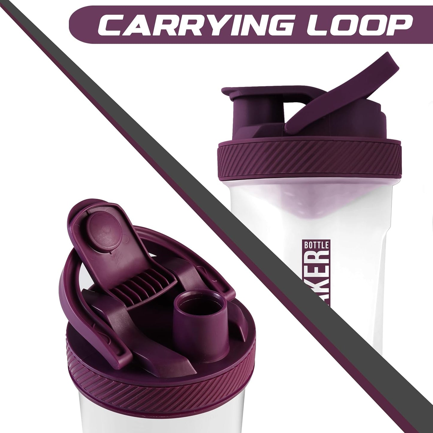 2 Pack 24 oz Plastic Shaker Bottles with Twist & Lock Protein Box - Ideal for Protein Shakes and Cocktails Before & After Workouts - Clear/Plum Color
