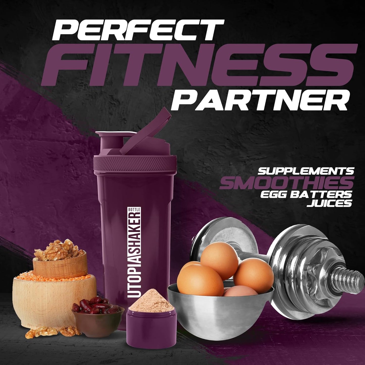 2 Pack 24 oz Plastic Shaker Bottles with Twist & Lock Protein Box - Ideal for Protein Shakes and Cocktails Before & After Workouts - Clear/Plum Color