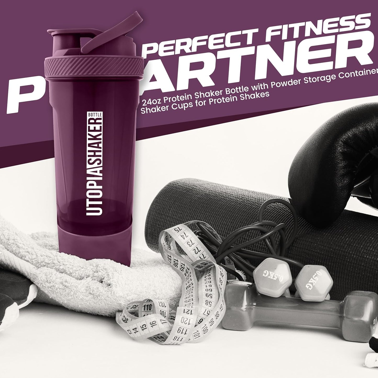 2 Pack 24 oz Plastic Shaker Bottles with Twist & Lock Protein Box - Ideal for Protein Shakes and Cocktails Before & After Workouts - Clear/Plum Color