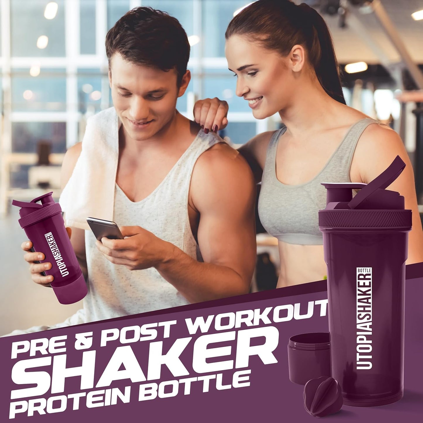 2 Pack 24 oz Plastic Shaker Bottles with Twist & Lock Protein Box - Ideal for Protein Shakes and Cocktails Before & After Workouts - Clear/Plum Color
