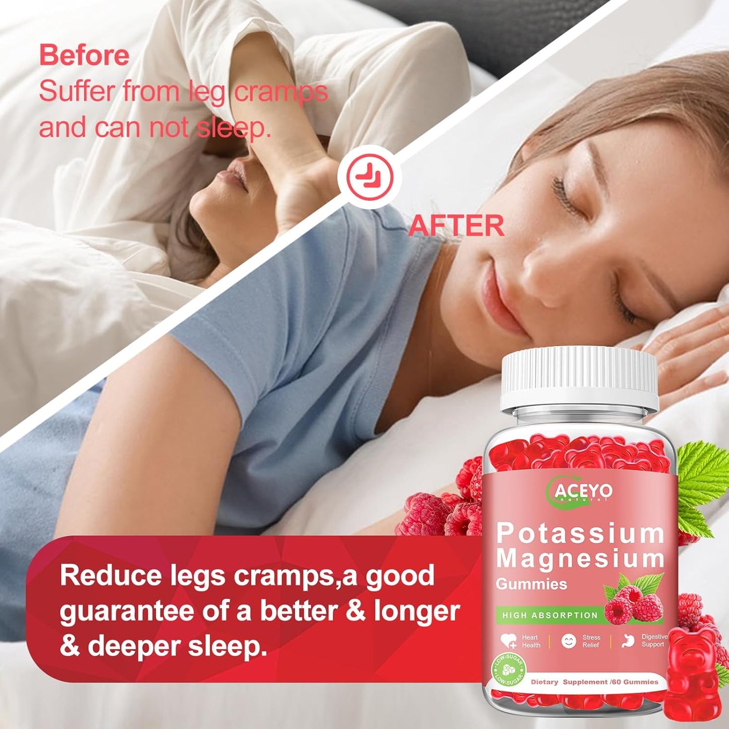 2 Pack ACEYO Raspberry Magnesium Gummies for Adults & Kids | High Absorption | Leg Cramp Relief | Heart & Immune Health | Vegan Chewable Supplement