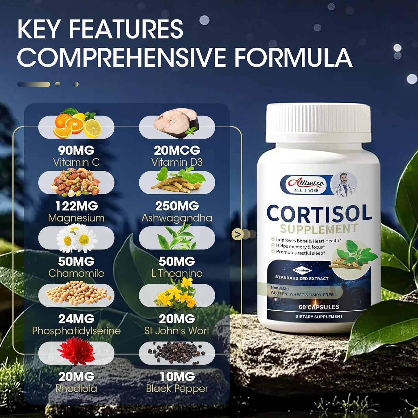 2-Pack Alliwise Cortisol Supplement for Women - 10-in-1 Cortisol Reducer with Magnesium, Ashwagandha, Rhodiola, L-Theanine