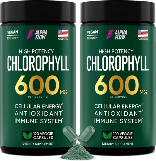 2 Pack Alpha Flow 600mg Chlorophyll Capsules - Energy & Skin Supplement for Women & Men - Internal Deodorant - 240 Pills