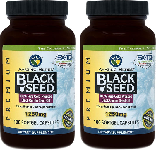 2-Pack Amazing Herbs Black Seed Oil Pills 1250mg - 100 Softgel Capsules per Bottle