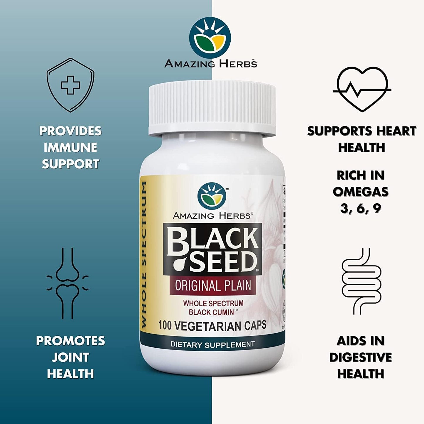 2-Pack Amazing Herbs Whole Spectrum Black Seed Vegetarian Capsules - Gluten Free, Non GMO, Cold Pressed Nigella Sativa for Digestive Health - 100 Count, 475mg
