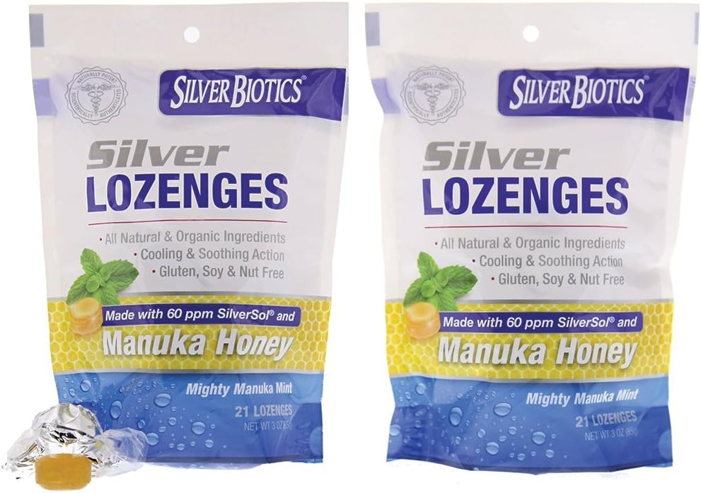 2 Pack American Biotech Labs Silver Biotics Silver Lozenges with 60ppm SilverSol & Manuka Honey, Mighty Manuka Mint - 21 Count