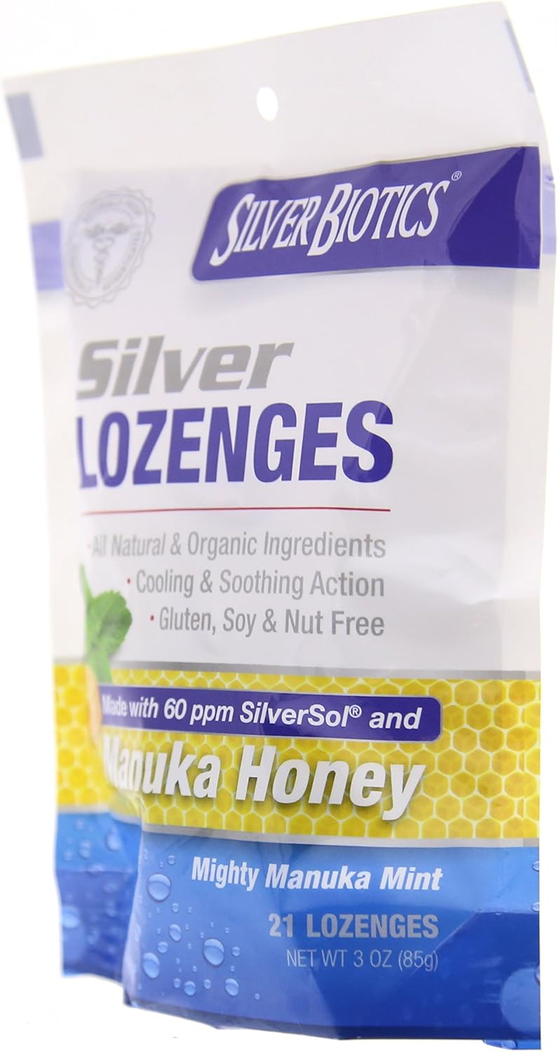 2 Pack American Biotech Labs Silver Biotics Silver Lozenges with 60ppm SilverSol & Manuka Honey, Mighty Manuka Mint - 21 Count