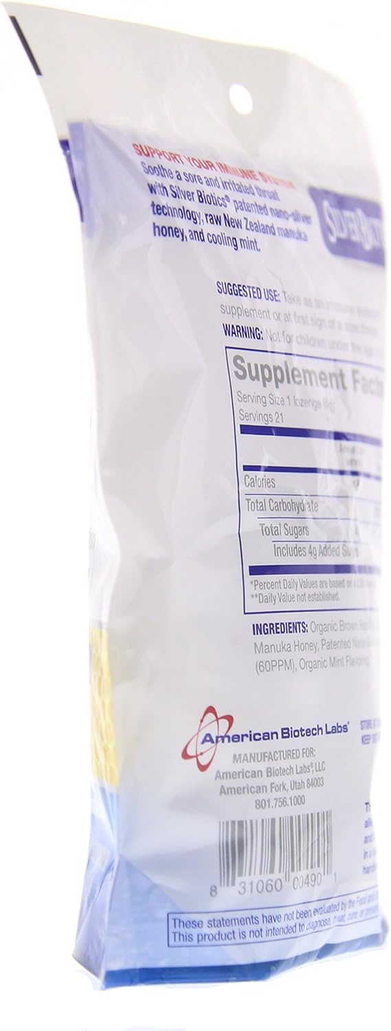 2 Pack American Biotech Labs Silver Biotics Silver Lozenges with 60ppm SilverSol & Manuka Honey, Mighty Manuka Mint - 21 Count