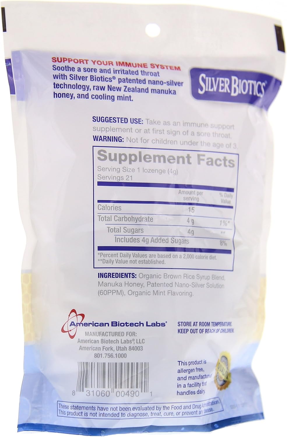 2 Pack American Biotech Labs Silver Biotics Silver Lozenges with 60ppm SilverSol & Manuka Honey, Mighty Manuka Mint - 21 Count