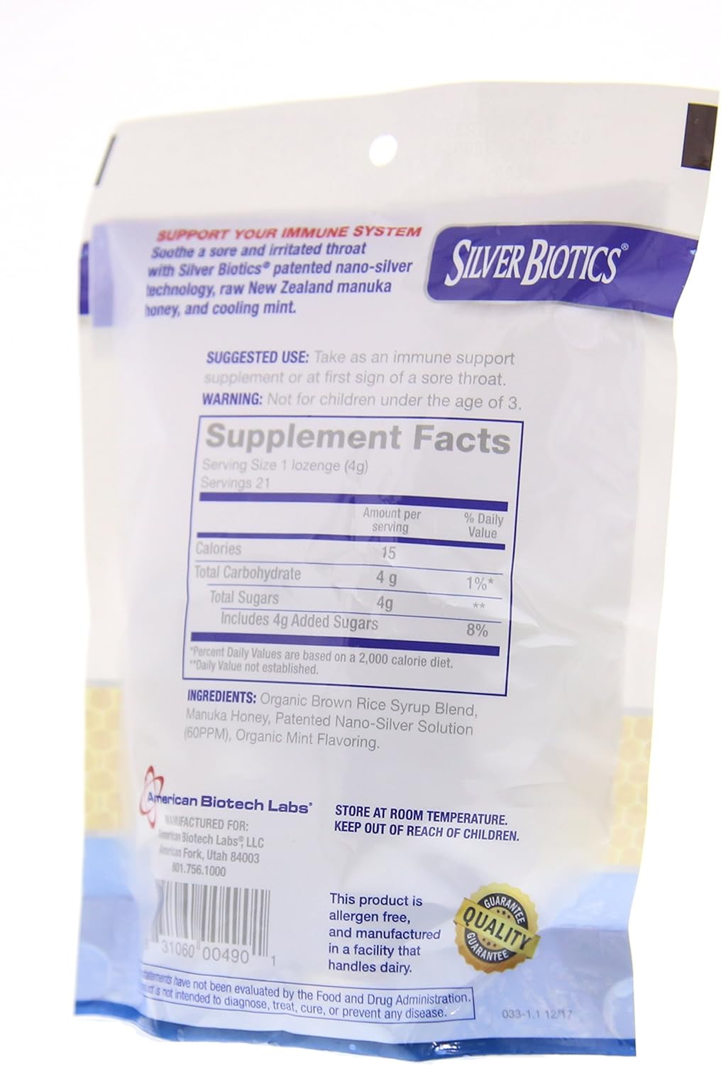 2 Pack American Biotech Labs Silver Biotics Silver Lozenges with 60ppm SilverSol & Manuka Honey, Mighty Manuka Mint - 21 Count