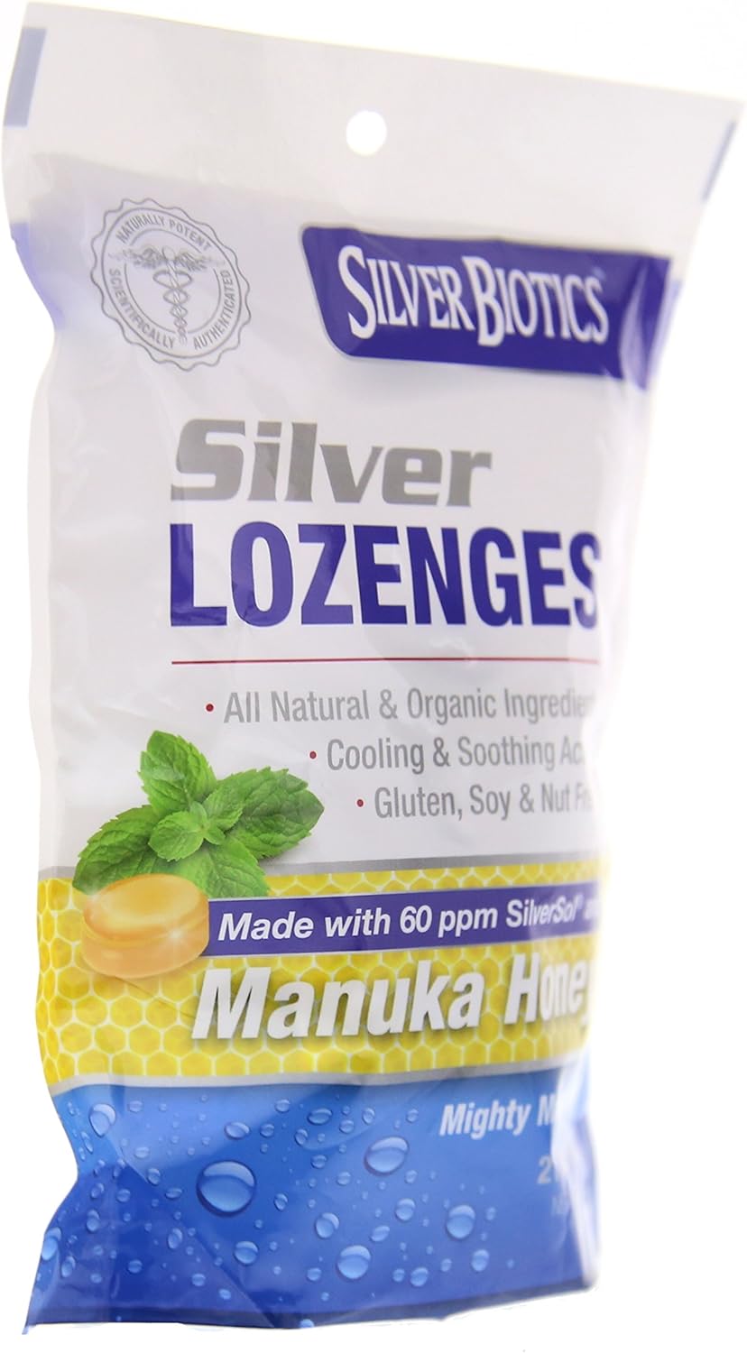 2 Pack American Biotech Labs Silver Biotics Silver Lozenges with 60ppm SilverSol & Manuka Honey, Mighty Manuka Mint - 21 Count
