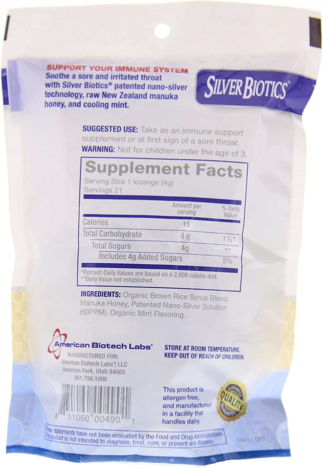 2 Pack American Biotech Labs Silver Biotics Silver Lozenges with 60ppm SilverSol & Manuka Honey, Mighty Manuka Mint - 21 Count