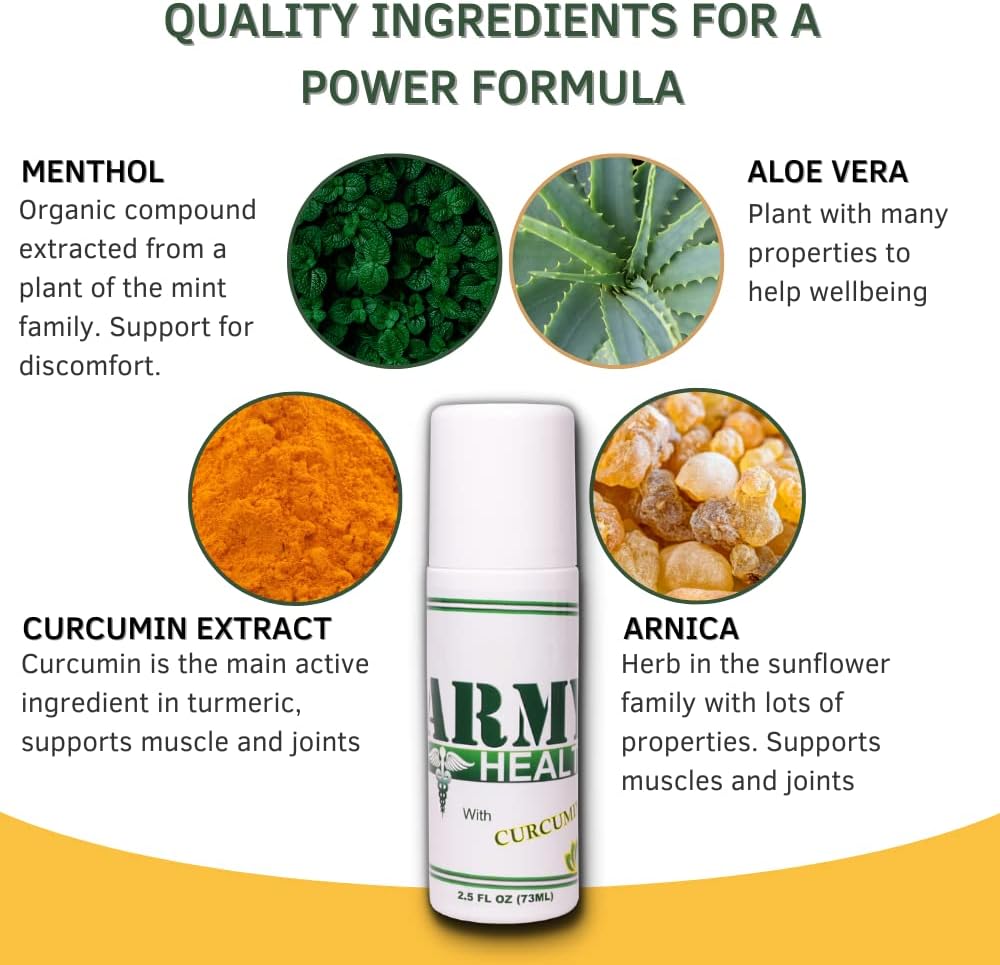2-Pack Army Health Roll-On Turmeric Curcumin - Natural Pain Relief for Inflammation, Headaches, Backaches, Joint, and Muscle Pain - 5 Oz