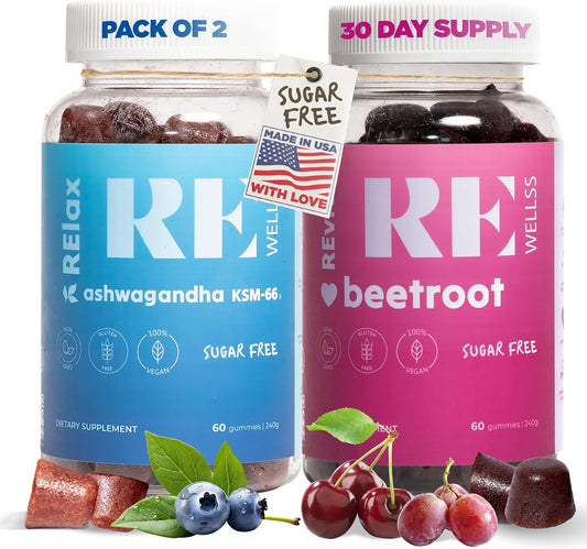 2 Pack Ashwagandha & Beetroot Gummies for Mood Balance, Energy, and Blood Flow Support - Vegan-Friendly and Sugar-Free Supplement for Men & Women