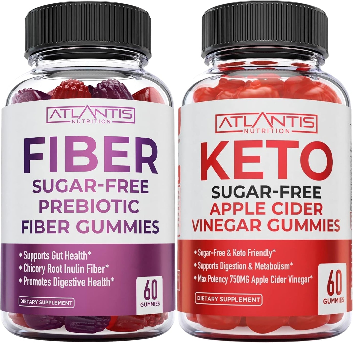 2-Pack Atlantis Nutrition Sugar Free Prebiotic Fiber Gummies (120 Gummies) + Sugar Free Keto Apple Cider Vinegar Gummies